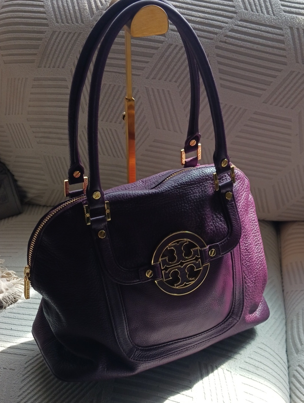 Tory Burch Purple Leather Double-Handle Satchel with Gold Logo & Original Dusty